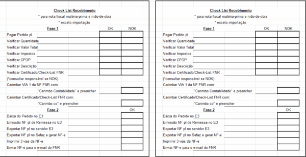 Planilha Checklist de Recebimento