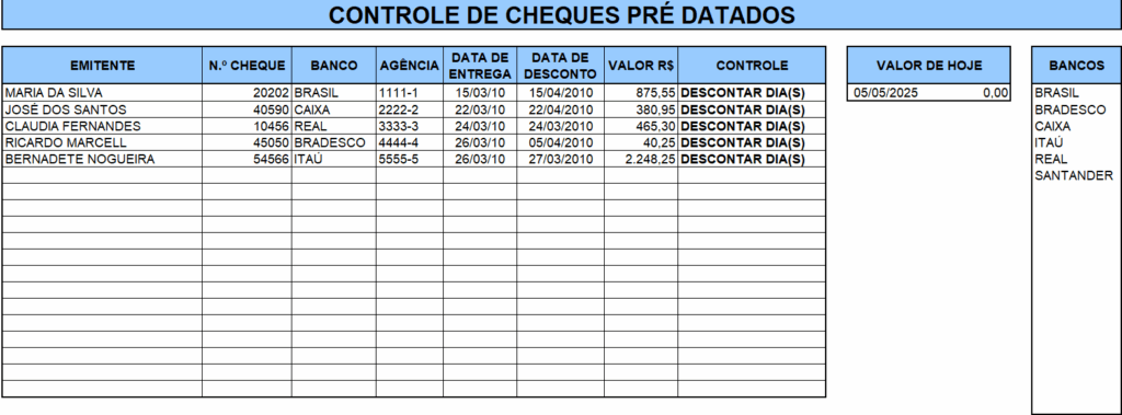 Planilha Controle de Cheques Pré-datados
